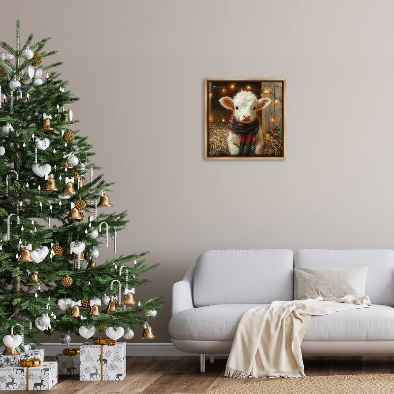 Stupell White Calf with Holiday Lights Framed Floater Canvas Wall Art Design By Riley B