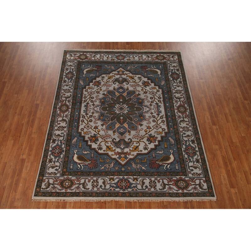 Animal Pictorial Heriz Serapi Indian Area Rug Handmade Wool Carpet - 7'10"x 9'7"