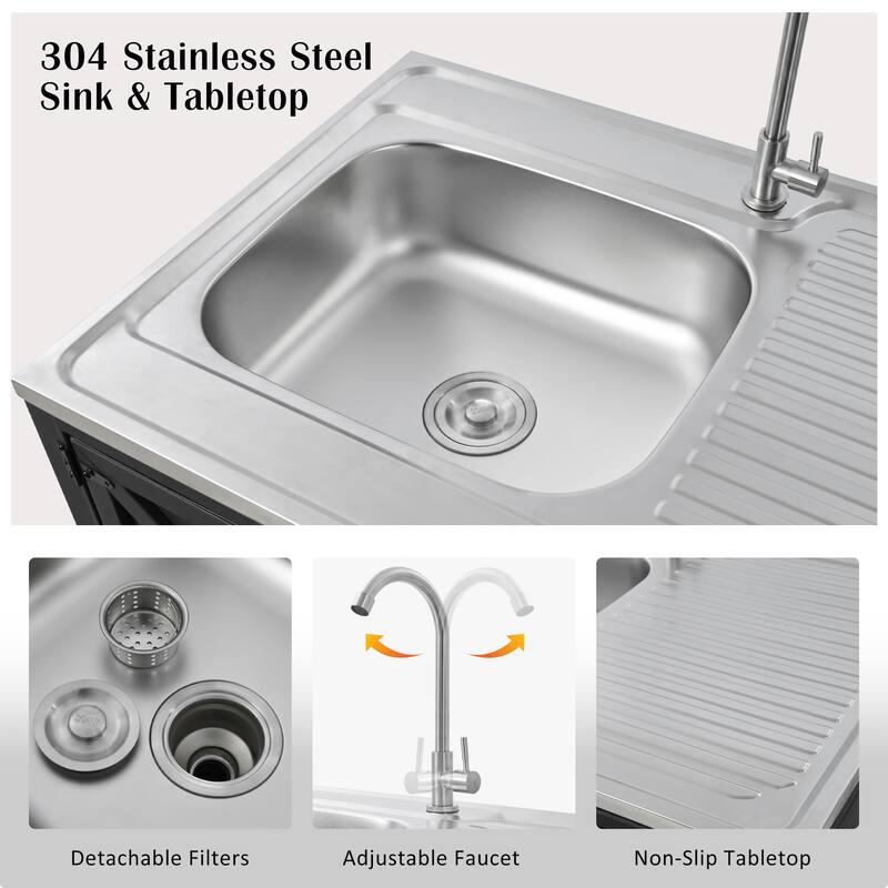 Outdoor Movable Kitchen Sink Patio Modular Kitchen Sink Station with Cabinet for Garden, Patio, Backyard, Matte Black