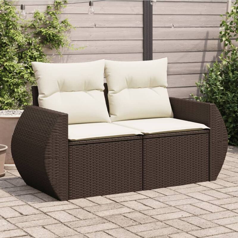 vidaXL Patio Sofa with Cushions 2-Seater Loveseat Modular Couch Poly Rattan - 24.4 x 55.9 x 27.2 in - Brown and cream with storage
