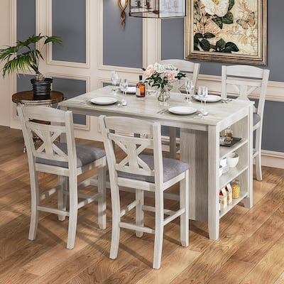 VECELO 5-Piece Solid Rubberwood Dining Set Farmhouse Table with 3-Tier Open Shelves & 4 Heavy-Duty Chairs X-Back Design