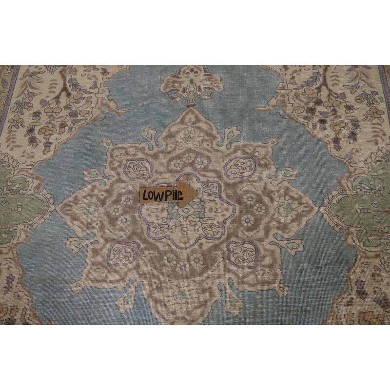 Hand Knotted Oriental 100% Wool Carpet Traditional Floral Navy Blue & Blues Tabriz Area Rug - 8' 11'' X 6' 7''