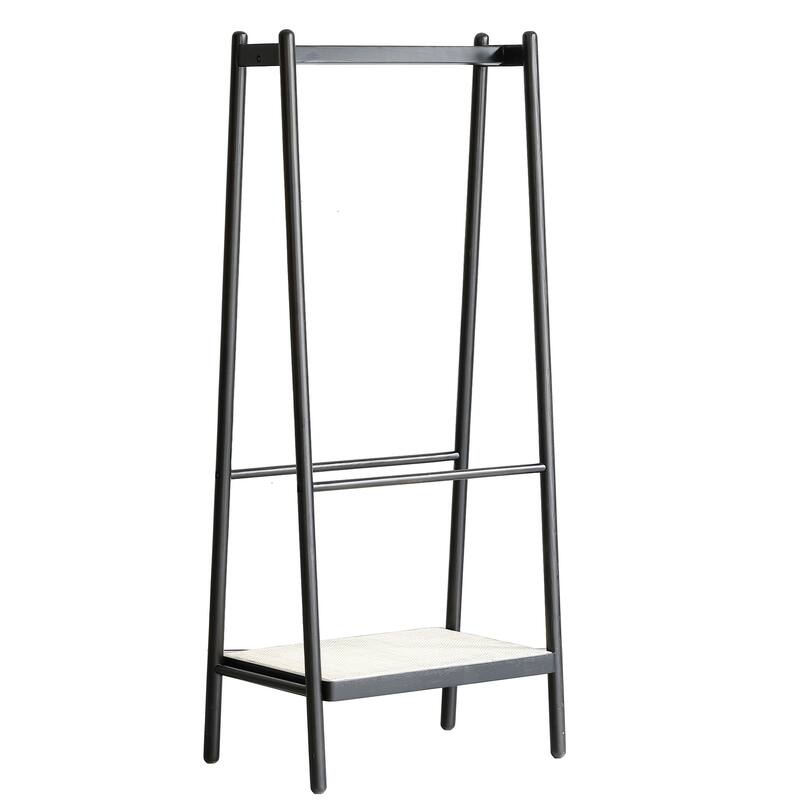GDFStudio - Elora Solid Oak Wood Standing Hanger with Rattan Accents and Storage Shelf