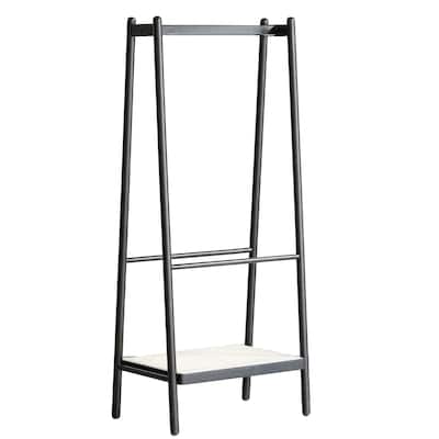 Modern Solid Oak Coat Rack Stylish Coat Rack Rattan Hanger Vertical Hanger with Shelf, for Bedroom, Black