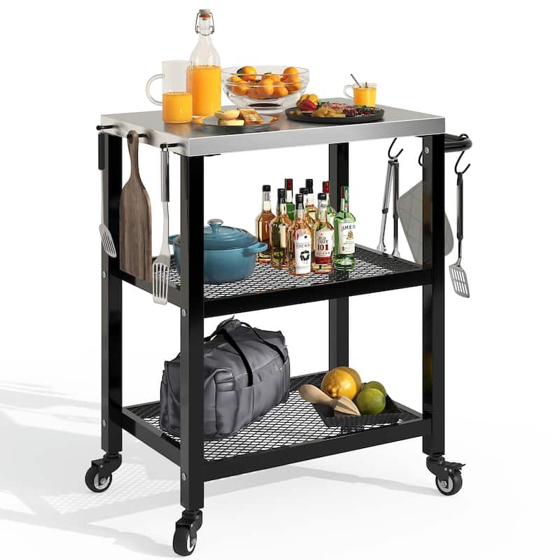 Moasis Outdoor Grill Cart Table Patio 3-Shelf Food Prep Table with Stainless Steel Flattop and Wheels - Black