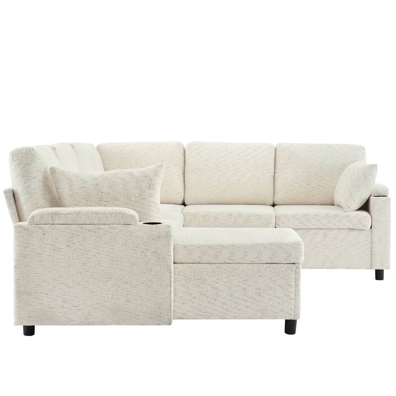 U-Shaped Chenille Sectional Sofa with Storage Chaise Lounge, Convertible Sleeper Sofa Bed with Cup Holders & Charging Ports