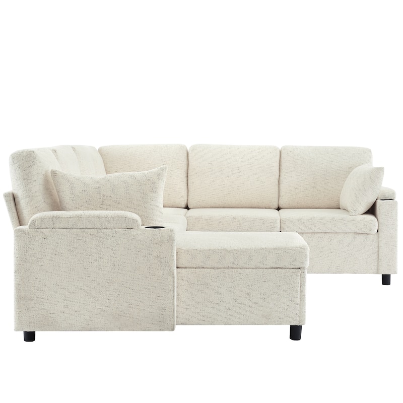 U-shaped Sofa, Chenille Sectional Sofa with 2 Cup Holders and Charging Ports Livingroom Sleeper Recliner Sofa Couch
