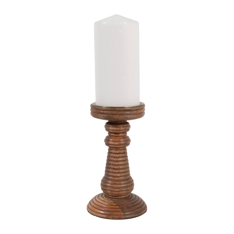 Candle Holder - Brown Mango Wood Ribbed Pillar