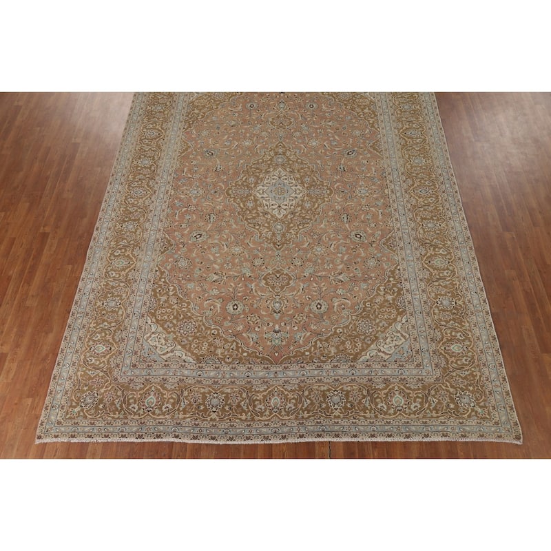 Traditional Kashan Vintage Persian Rug Hand-Knotted Pink Wool Carpet - 9'6" x 13'0"