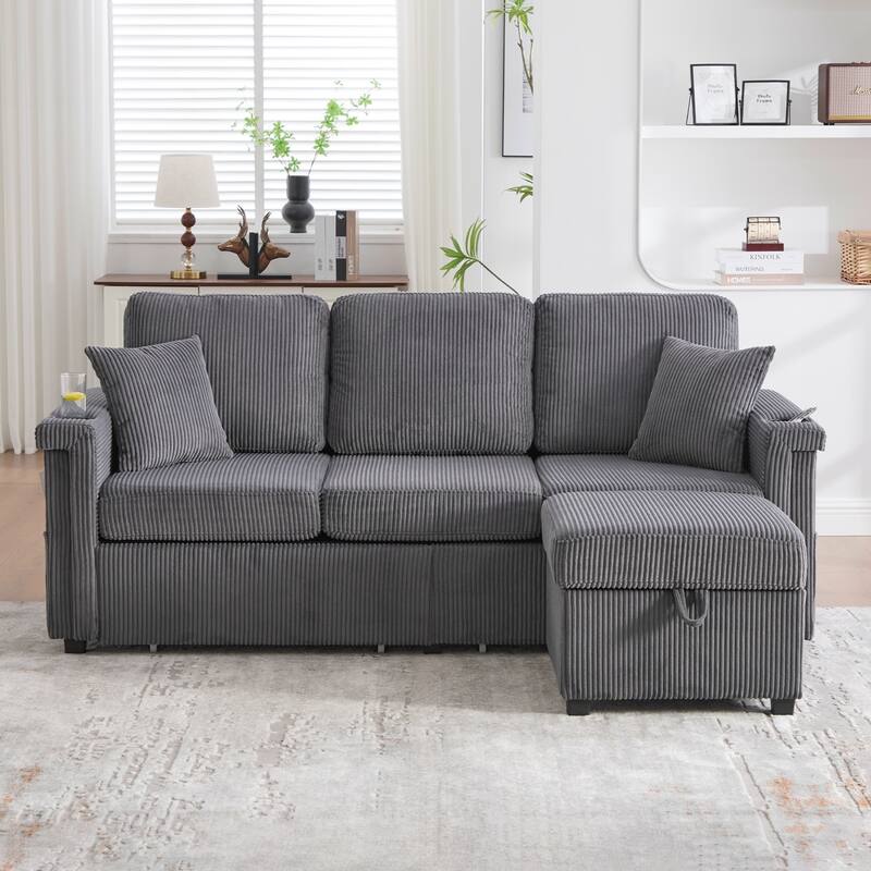 L-Shaped Sectional Sofa with Pull-Out Storage,Ottoman & Pillows 3-Seat with USB Charging,Cup Holder, Convertible Design