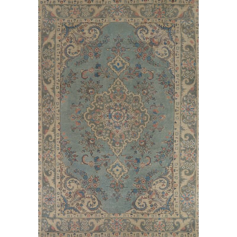 Light Blue Traditional Tabriz Persian Area Rug Handmade Wool Carpet - 6'5"x 9'5"