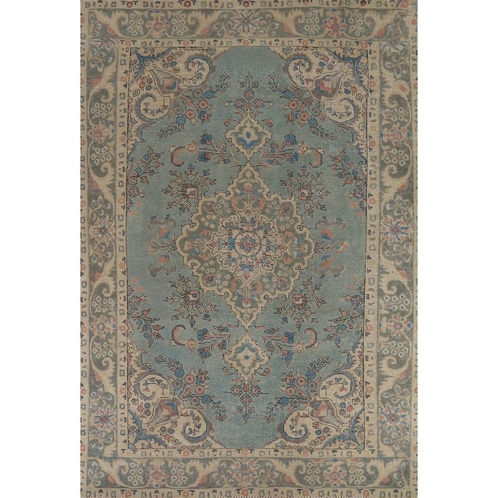 Light Blue Traditional Tabriz Persian Area Rug Handmade Wool Carpet - 6'5"x 9'5"