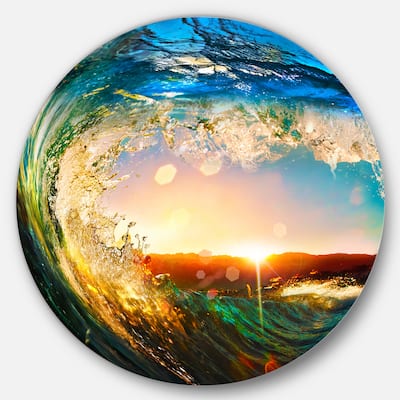 Designart 'Colored Ocean Waves Falling Down' Modern Seashore Disc Metal Wall Art
