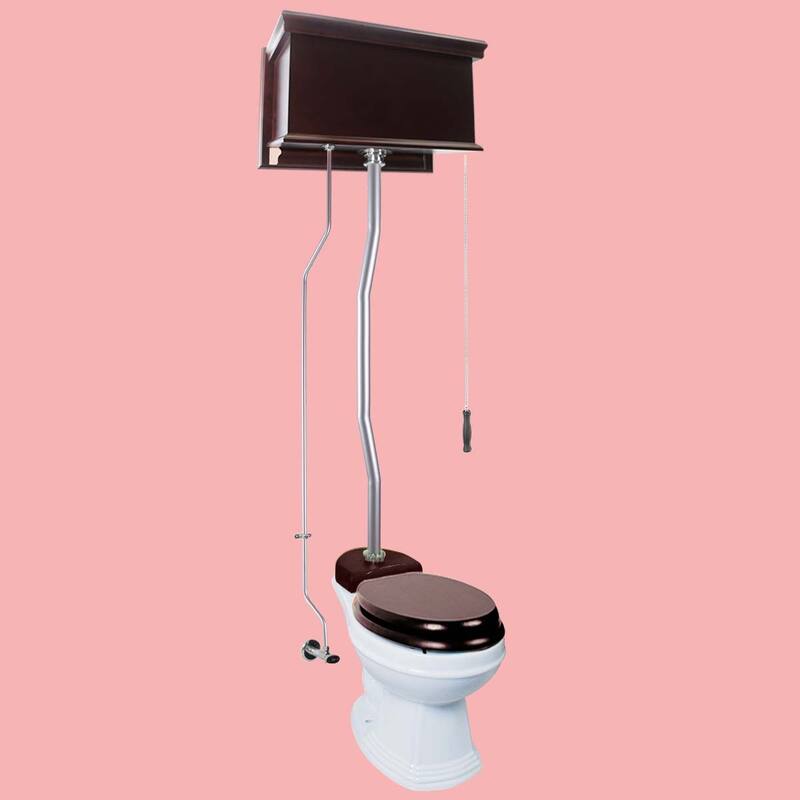 High Tank Toilet - Dark Oak Wooden Flat Tank, Round White Bowl and Satin Z Pipes Renovators Supply