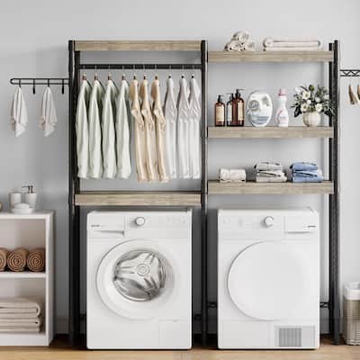 5 Tier Wood Over The Washer and Dryer Storage Shelf with Drying Clothes Racks Laundry Room Shelf Organization and Storage