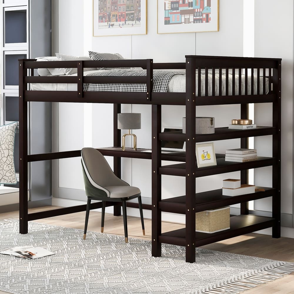Full Size Solid Wood Loft Bed with Integrated Desk, Storage Shelves, and Stable Guardrails