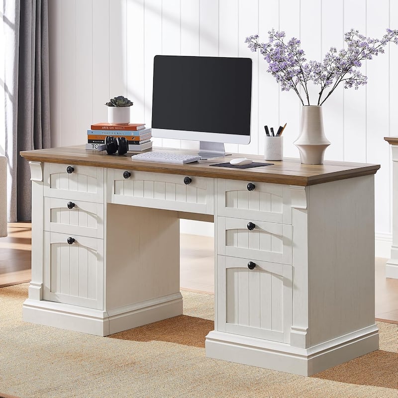 Farmhouse Computer Desk, Wood Home Office Desk with Charging Station - Antique White