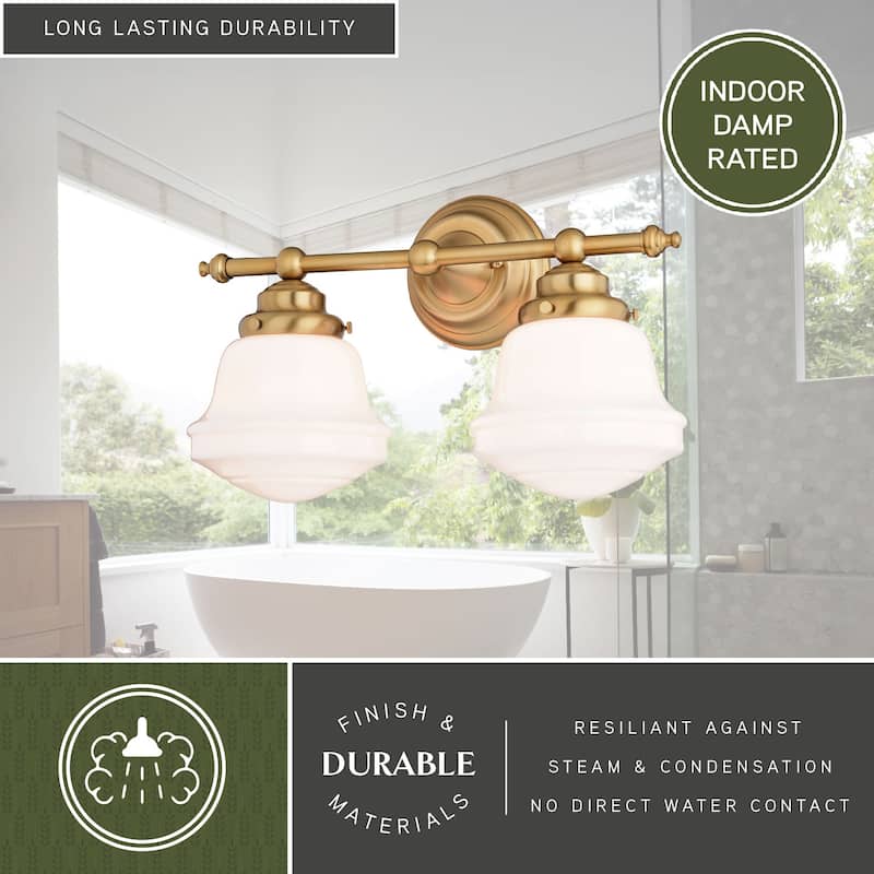 Huntley Gold Brass Bathroom Vanity Wall Light Fixture White Schoolhouse Glass