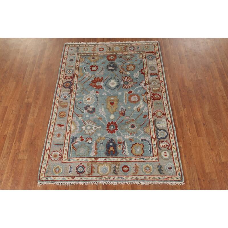 Light Blue Oushak Style Area Rug Hand-Knotted Wool Carpet - 4'2"x 5'11"