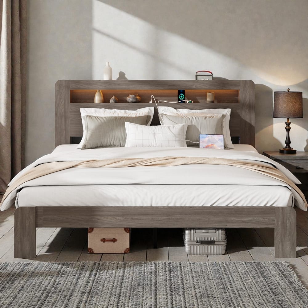 Wood Platform Bed Frame with LED Storage Headboard, USB Charging Ports, Noise-Free Design & Large Underbed Storage