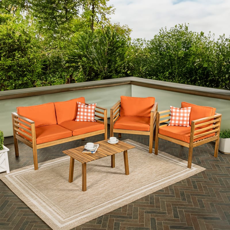 Everly 4-Piece Mid-Century Modern Acacia Wood Outdoor Patio Set with Cushions and Plaid Decorative Pillows, by JONATHAN Y