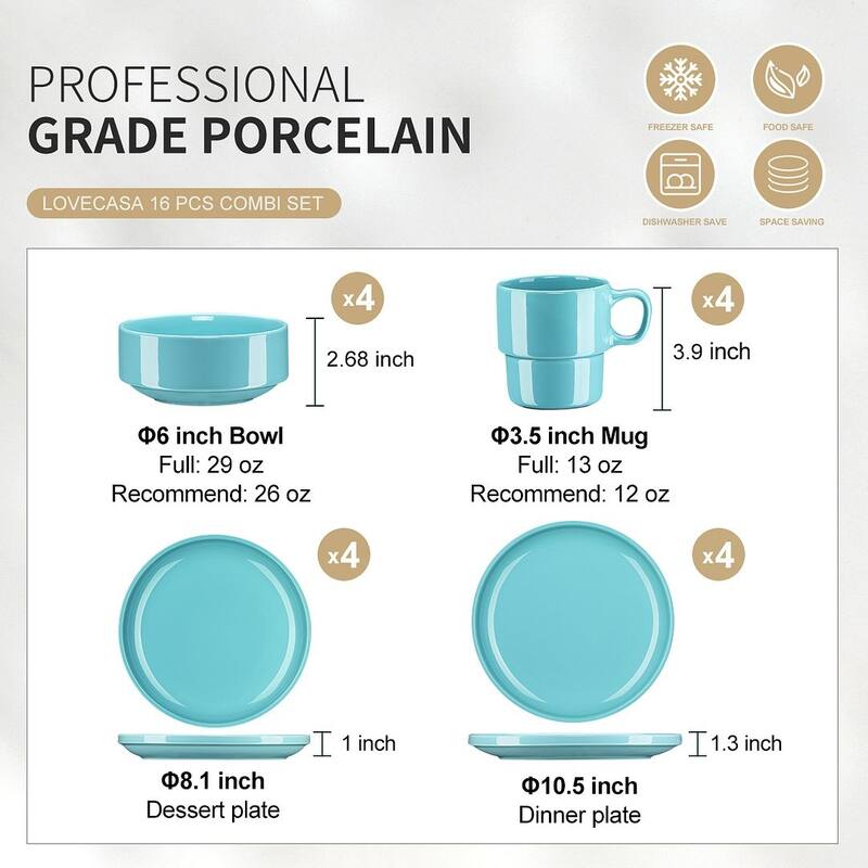 LOVECASA 16-Piece Round Dinnerware Set Stackable, Service for 4