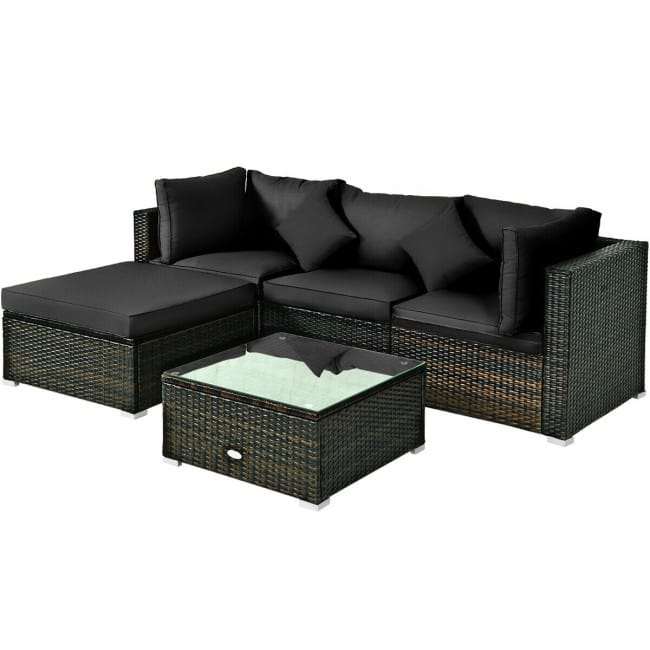 5 Pcs Outdoor Patio Rattan Furniture Set Sectional Conversation with Cushions - 29.5'' x 29.5'' x 25.5'' (L x W xH)