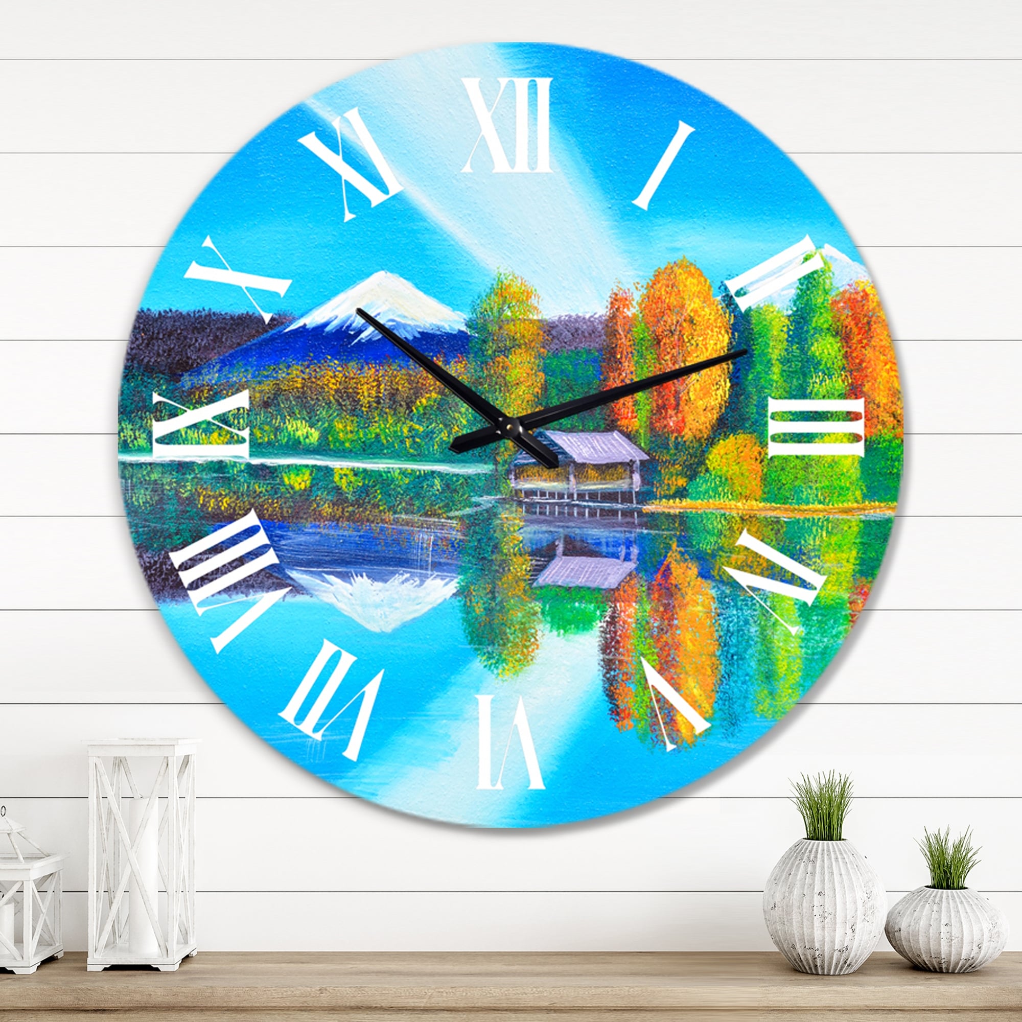 https://ak1.ostkcdn.com/images/products/is/images/direct/8bbb4ec4410b66d7b87f3943ce6ec8628ad55c86/Designart-%27Reflection-Of-Mountain-and-Sky-On-The-Lake%27-Nautical-%26-Coastal-wall-clock.jpg