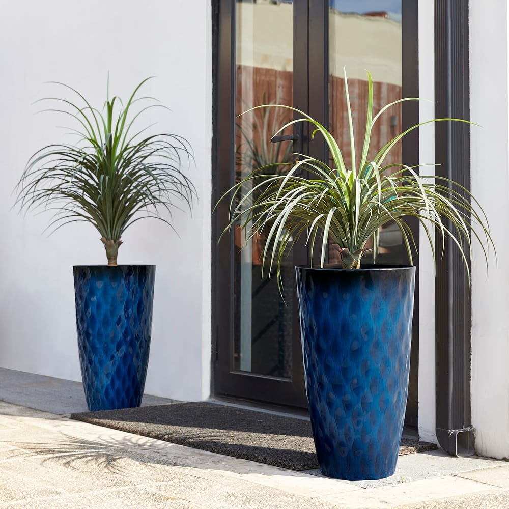 Glitzhome 23.75"H Set of 2 Oversized Tall Plastic Planter Wavy Texture Cobalt Blue/Turquoise/Red Flower Pot