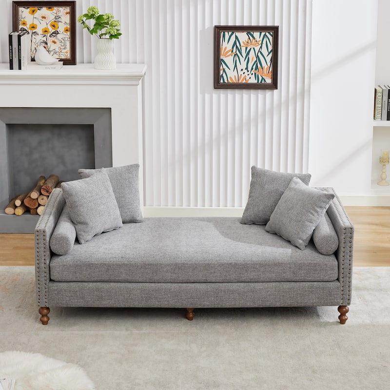 75.2"W Upholstered Chaise Lounge with Nailheads,Sleeper Sofa Couch With 4 Throw Pillows&2 Bolsters,Daybed with Rubberwood Legs