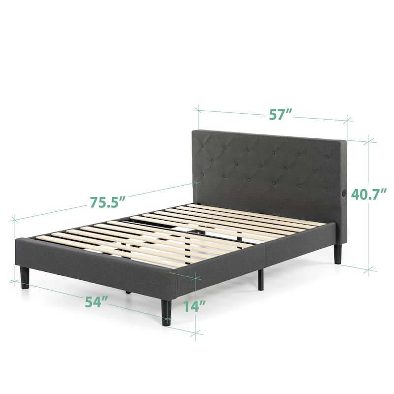 Priage by ZINUS Dark Grey Upholstered Diamond Stitched Platform Bed Frame with USB Ports - Full