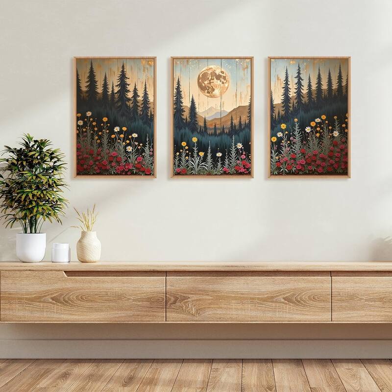 Wildflower Forest Mountain Wall Decor, Nature Pine Tree