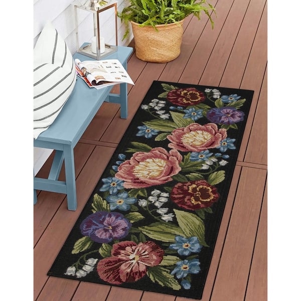 slide 2 of 8, Liora Manne Esencia Secret Garden Indoor/Outdoor Mat 1'11" x 4'11" - Black