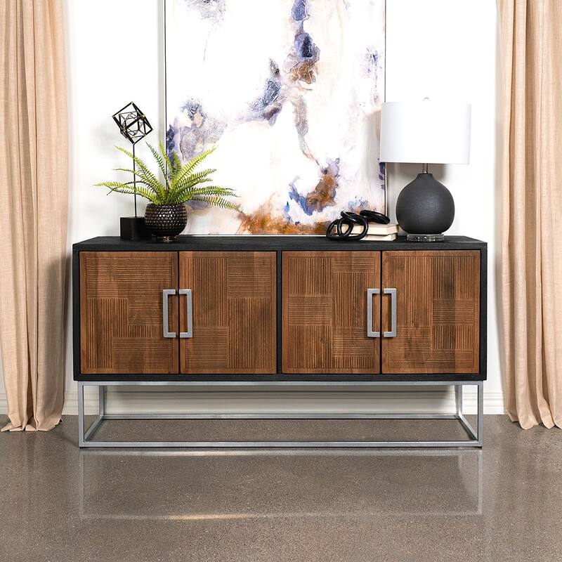 4 Doors Wood Bar Cabinet with Metal Bar Handle in Walnut and Black