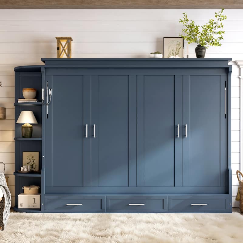 Murphy Platform Bed with Side Cabinets & Drawers, Wall Bed with Shelf for Home Office, Queen or Full