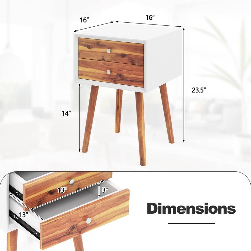 Gymax 2PCS Wooden Nightstand Mid-Century End Side Table W/2 Storage