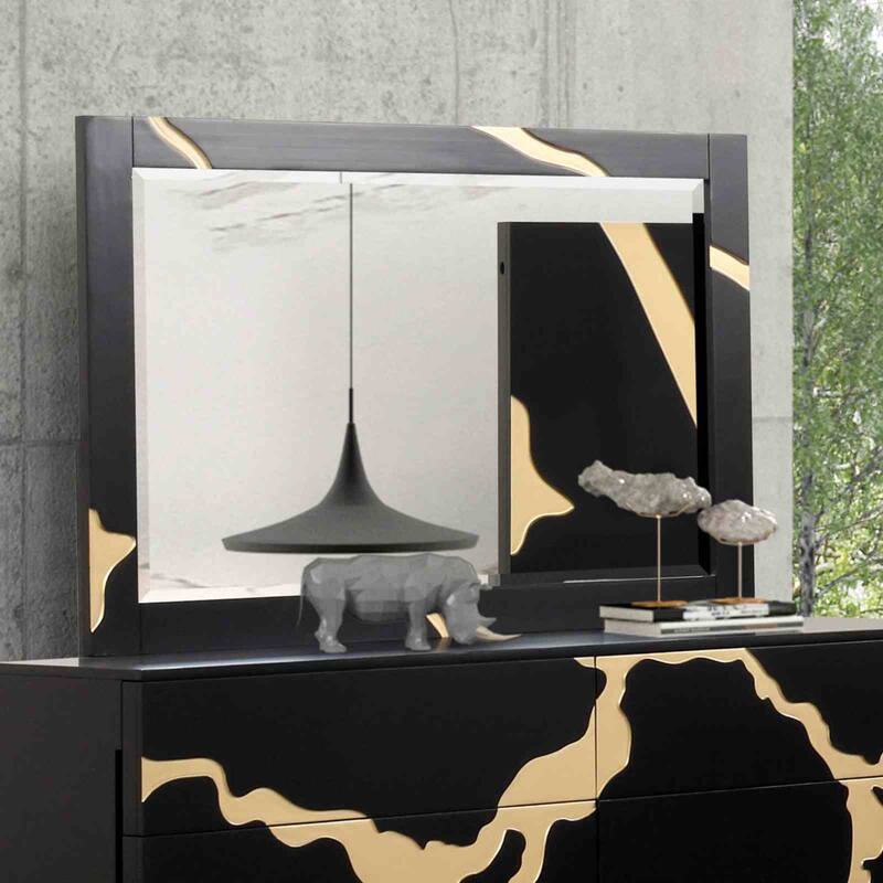 Modern Black & Gold 4PC Bedroom Set Bed Nightstand Dresser Mirror