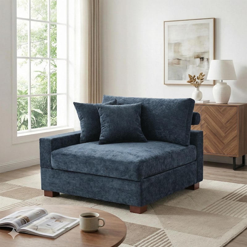 41" W Modern Chenille Corner Arm Accent Chair Sectional Module with Pillows - Lfet Facing - Blue