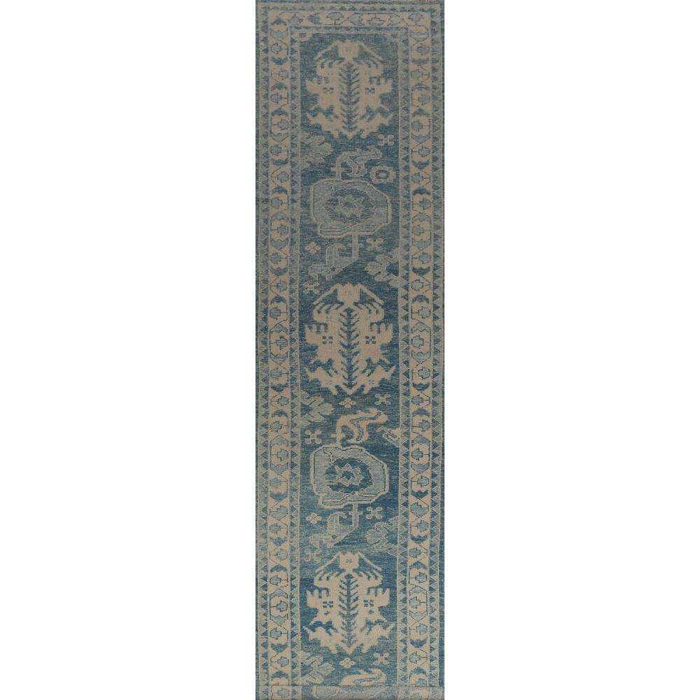Hand Knotted Oriental 100% Wool Carpet Transitional Geometric Navy Blue & Blues Oushak Runner Rug - 18' 8'' X 3' 2''