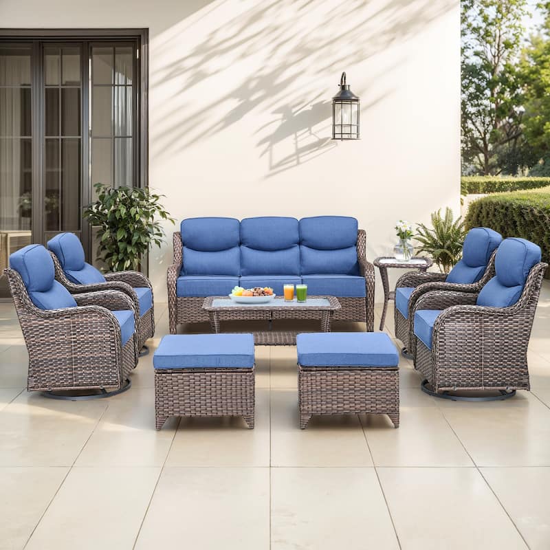 Gymojoy 9-Piece Patio Furniture Set with Swivel Glider Chairs, 6-Inch Ultra-Plush Cushions & Water-Resistant Olefin Fabric - Brown Wicker / Blue Cusion - 9-Piece