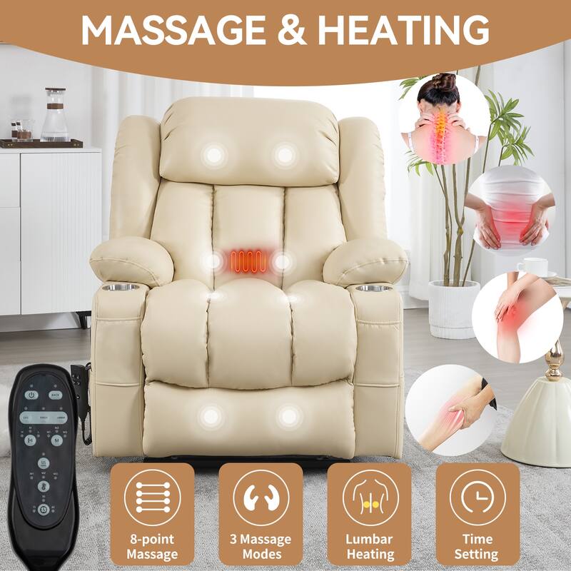 Dual Motor Power Lift Recliner Chair, with 8-Point Massage & Lumbar Heating, Stainless Steel Cup Holders