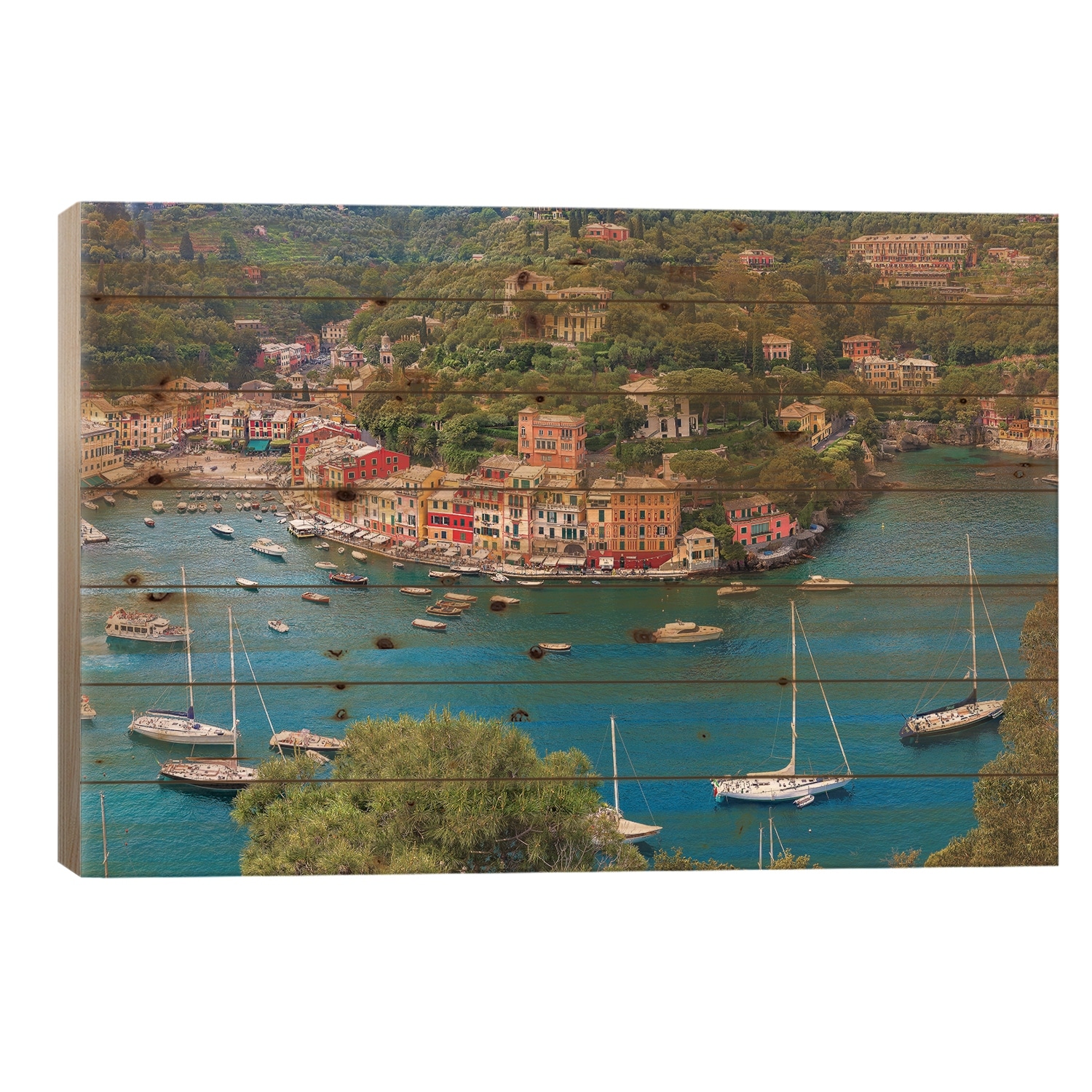 Italy, Liguria, Portofino. Aerial view of town and harbor. Print On Wood by Jaynes Gallery - Multi-Color