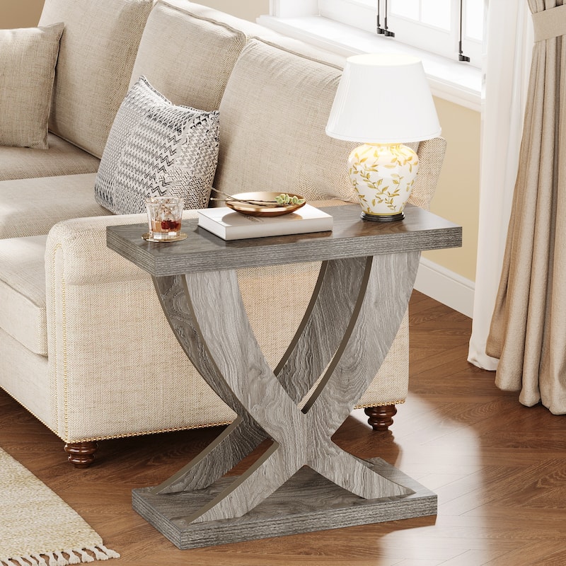 Wood End Side Table for Living Room, Night Stand for Bedroom with Cross Fishtail Support