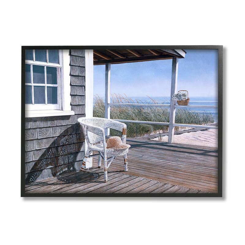 Stupell Coastal Cottage Porch Chair Seaside Boardwalk Scenery Framed Wall Art, Design by Tom Mielko - 20 x 16 - Black