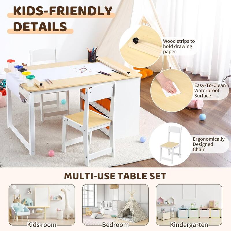 Kids Art Table and 2 Chairs,Toddler Craft and Play Wood Activity Table