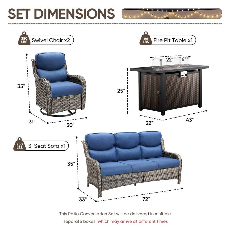 Pocassy Patio Sofa Swivel Chair Set with 43" Fire Pit Table