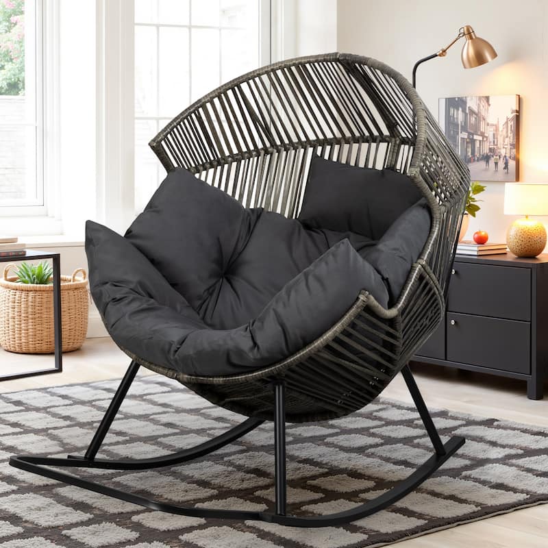 Futzca Wicker rocking egg chair (with cushions) - Grey/Grey
