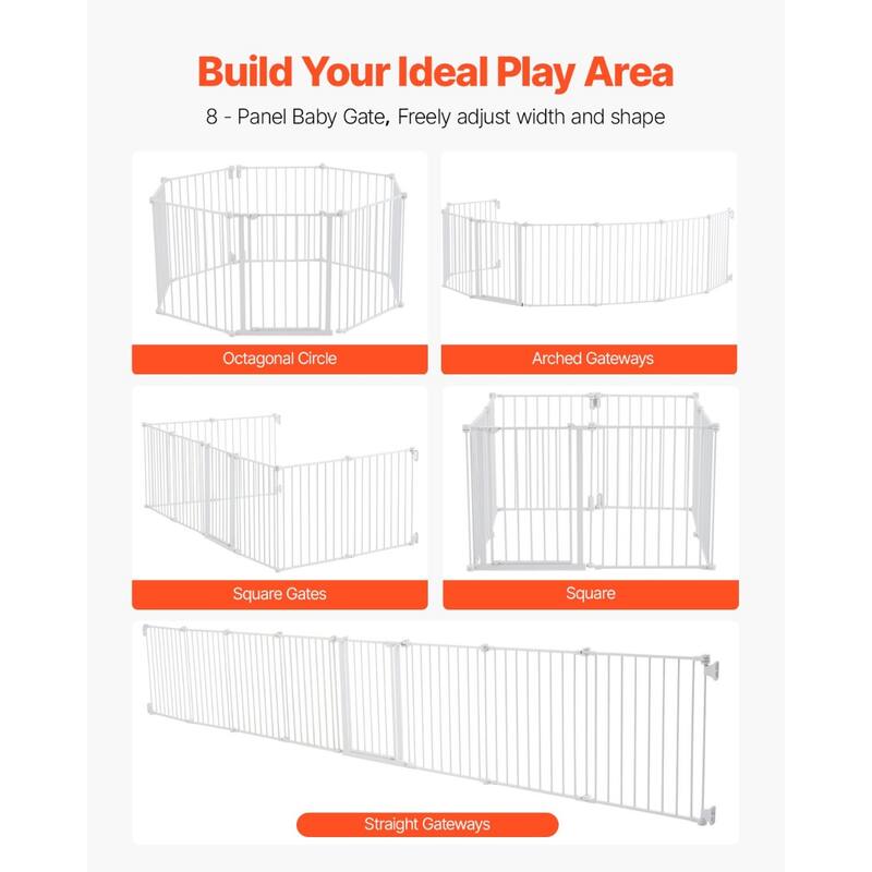 White Extra Wide Baby Gate for Stairs or Doorways 8 Panel Foldable Safety Barrier for Babies and Pets - 192"W