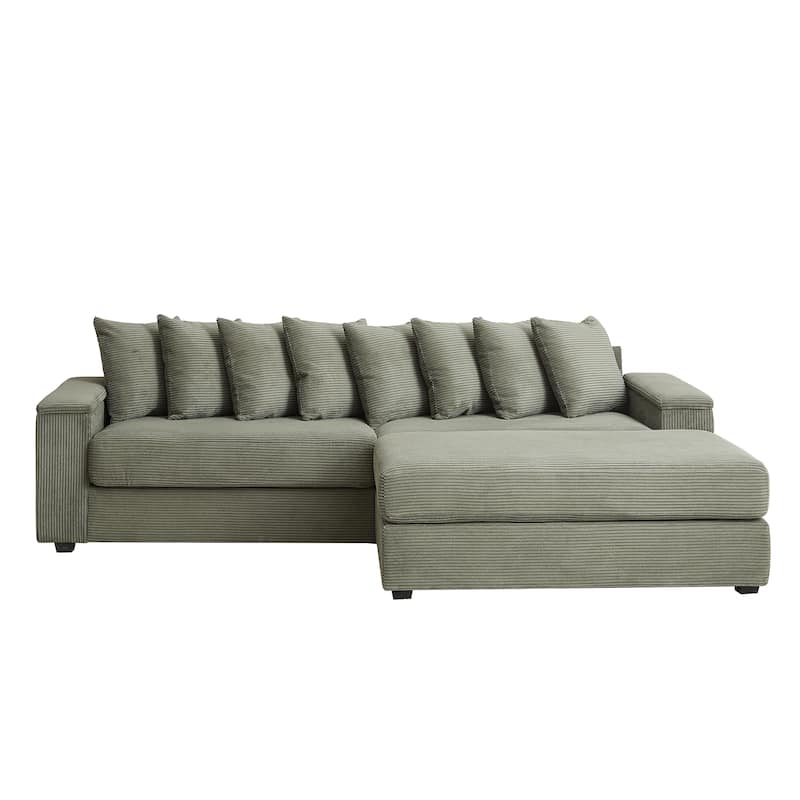 104" Corduroy L-Shaped Sectional Sofa with Ottoman Included, 8 Pillows and Armrest Storage