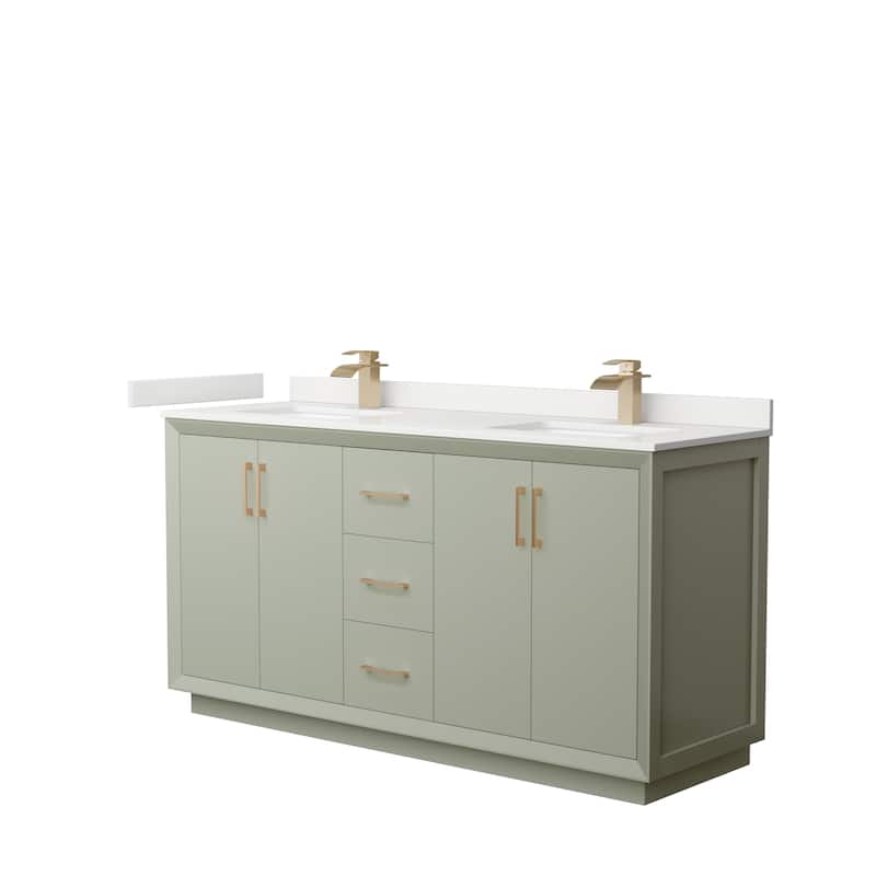 Strada 66-inch Double Vanity, Quartz Top - Light Green, Bronze Trim, White Quartz Top